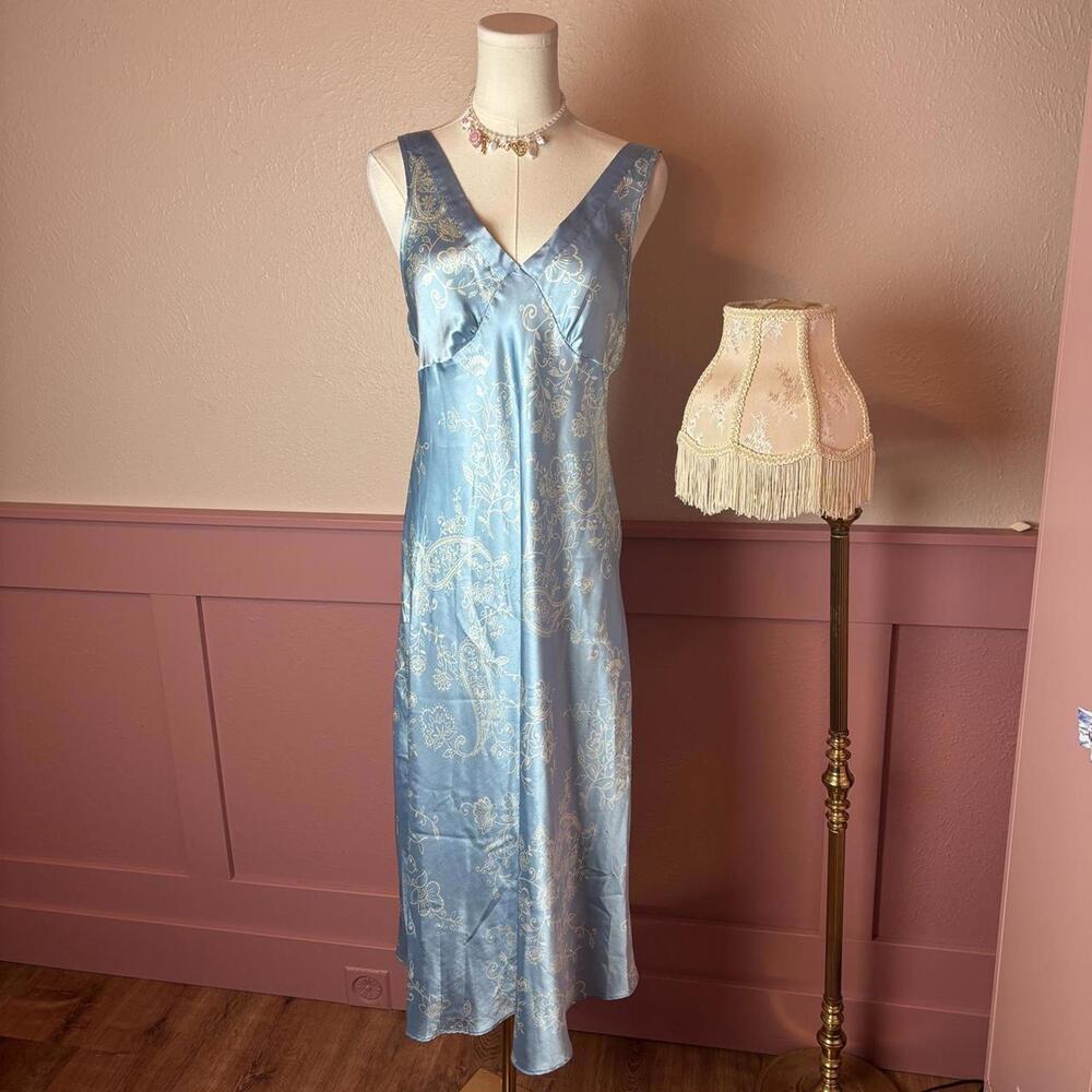 Jones New York 90s coquette vanity vtg patterned slip dress baby blue sz small